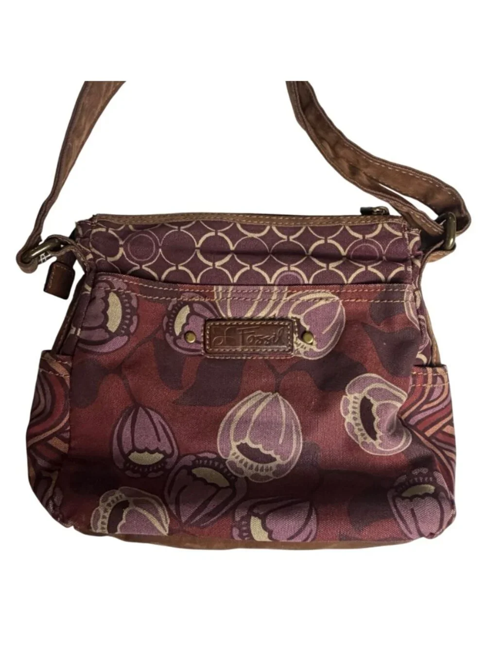 Vintage Fossil Lavender And Brown Floral Canvas Shoulder Crossbody Bag